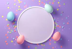 Easter day concept. Top view illustration of white circle colorful easter eggs and confetti photo