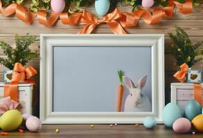 Happy Easter. Top view photo of empty photo frame colorful easter eggs and confetti