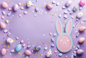 Top view illustration of easter bunny ears colorful vivid eggs and sprinkles on blue background photo