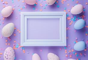 Happy Easter. Top view photo of empty photo frame colorful easter eggs and confetti