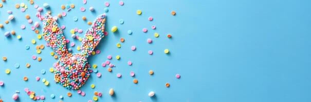 top view of adorable bunny ears and a sprinkle of confetti on a pastel blue backdrop photo