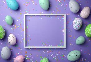 Happy Easter. Top view photo of empty photo frame colorful easter eggs and confetti