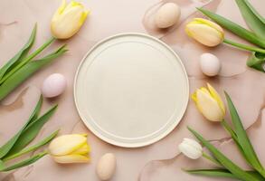 Top view illustration of fresh tulips and arranged eggs background with blank space photo
