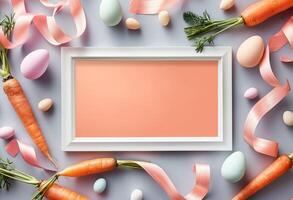 Happy Easter. Top view photo of empty photo frame colorful easter eggs and confetti