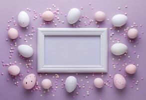 Happy Easter. Top view photo of empty photo frame colorful easter eggs and confetti