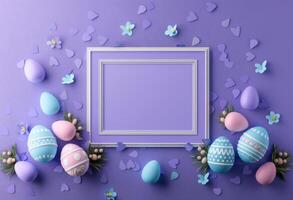 Happy Easter. Top view photo of empty photo frame colorful easter eggs and confetti