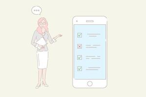 Hand drawn style illustration of mobile survey, customer review. vector