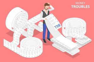 3D Isometric Flat Concept of Money Troubles, Financial Problems. vector