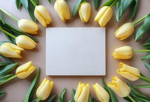 Top view illustration of fresh tulips and arranged eggs background with blank space photo