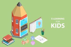 3D Isometric Flat Concept of E-Learning for Kids. vector