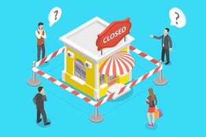 3D Isometric Concept of Stores closing and Businesses Bankrupt. vector