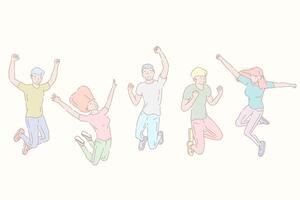 Hand drawn style illustration of jumping happy people, team success. vector