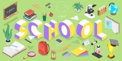 3D Isometric Flat Concept of School Education, Back to Digital School. vector