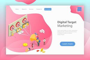 Isometric flat landing page template of digital target marketing. vector