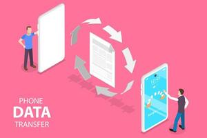 3D Isometric Flat Concept of Phone Data Transfer, Online Synchronization App. vector