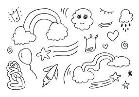 Hand drawn doodle design elements, black on white background. wind,rainbow, emphasis, rain, crown, star, rocket. doodle sketch design elements vector