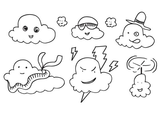 hand drawn kawaii clouds doodle cartoon designs for wallpaper, stickers, coloring books, pins, emblems Isolated on white background. illustrations.