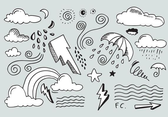 Weather Doodle Set illustration with hand drawn line art style