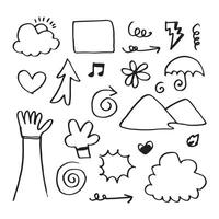 Hand drawn doodle design elements, black on white background. wind, emphasis, Arrow, hand, thunderbolt, hill. doodle sketch design elements vector