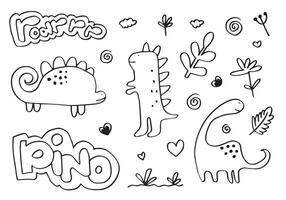 dinosaur illustration with heart, flower, leaves and more. vector