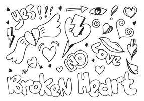 hand drawn doodles set for Valentine's Day. collection of beautiful hearts and writings Love and broken heart on white background. illustration. vector