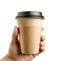 Hand holding paper coffee cup for mockup on isolated transparent background png