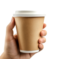 Hand holding paper coffee cup for mockup on isolated transparent background png