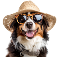 Happy dog wearing summer glasses and hat on isolated transparent background png