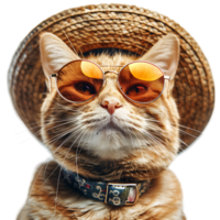 Happy Cat wearing summer glasses and hat on isolated transparent background png