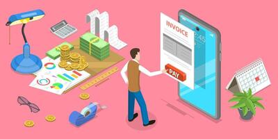 3D Isometric Flat Concept of Mobile Invoice, Online payment. vector