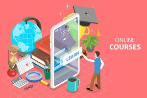 3D Isometric Flat Concept of Mobile Education App, E-learning. vector