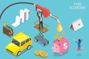 3D Isometric Flat Conceptual Illustration of Fuel Economy. vector