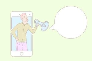 Hand drawn style illustration of a man speaking from a smartphone. vector