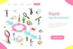 Isometric flat landing page tempate of rapid application develompment. vector