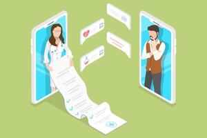 Isometric Flat Concept of Online Diagnosis, Remote Patient Consultation. vector