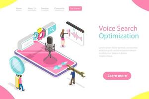 Isometric flat landing page template of voice search optimization. vector