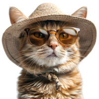 Happy Cat wearing summer glasses and hat on isolated transparent background png