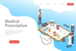 Isometric flat landing page template of prescription form, . vector