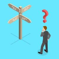 A Man is Trying to Find Right Decision Standing Next to the Crossroad Signpost. vector