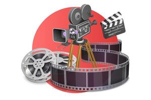 3D Concept of Film Production Composition with Clapperboard, Filmstrip. vector