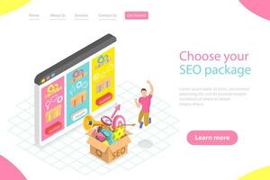 Flat isometric landing page template of SEO package choosing. vector