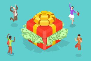 3D Isometric Flat Conceptual Illustration of Happy Winners with Gift Box. vector