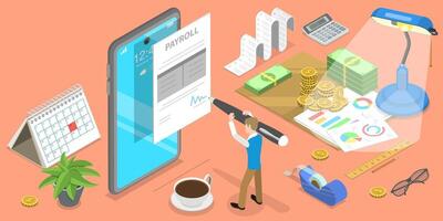 3D Isometric Flat Concept of Mobile Payroll App, Salary Payment. vector