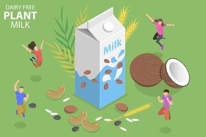 3D Isometric Flat Concept of Dairy Free Plant Milk. vector