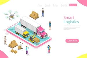 Isometric flat landing page template of smart logistics. vector