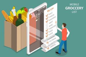 3D Isometric Concept of Mobile Grocery List, Shopping List App. vector