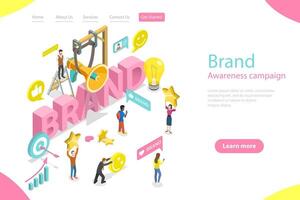 Isometric flat landing page template of brand awareness campaign. vector