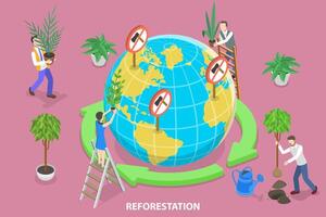 3d isométrica plano concepto de repoblación forestal por plantando nuevo arboles vector