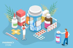 Isometric Conceptual Illustration of Pharmacy Store. vector
