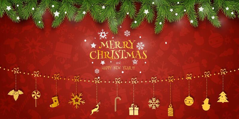 Christmas Composition. Holiday Wishes on Red Background with Fir Branches